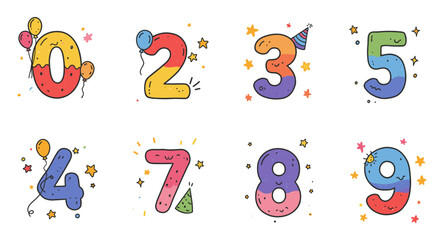 Colorful cartoon numbers with fun faces and party elements for kids