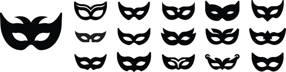 Carnival mask vector icons set, masquerade, party, and festive disguise collection, solid graphic group, editable design elements for celebration, costume, and decorative projects