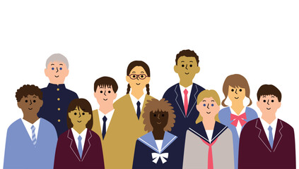 いろんな国の若者たち制服正面10人
