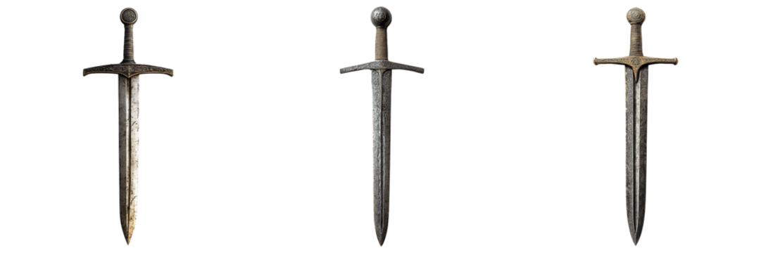Set of Longswords with Cross-Guard Hilts and Ornate Engravings Isolated on Transparent Background