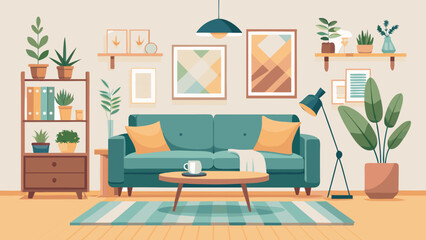 Cozy modern living room interior with sofa plants and artwork