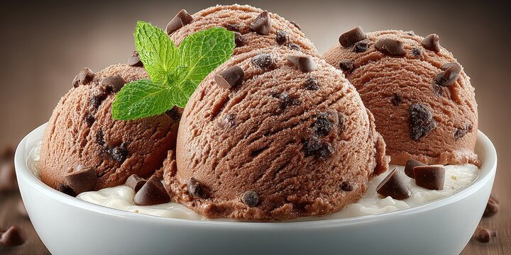 Chocolate ice cream served in a bowl garnished with mint leaves and chocolate chips in a cozy setting