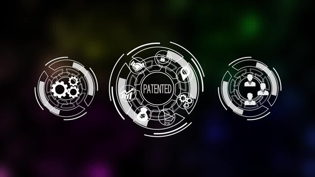 a patented concept button on a futuristic .holographic advanced HUD circle platform Business, Technology, Internet and network concept Seamless loop technology network black background concept. 