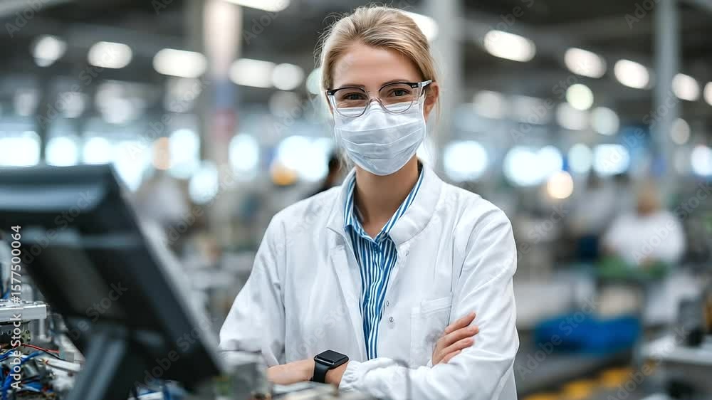 Poster inside a wearable tech factory, engineers test smartwatches under various humidity and temperature c