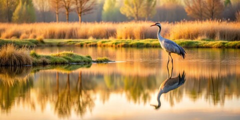 Serene sunrise reflection of a graceful wading bird in a tranquil wetland habitat
