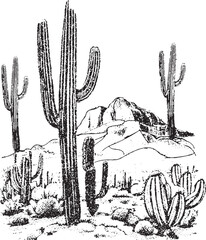Desert Landscape with Cacti and Mountains in Black and White