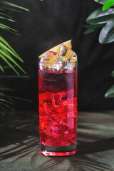 Refreshing el diablo cocktail featuring tequila, lime, liqueur, and ginger beer served with ice and...