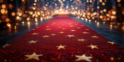 Elegant red carpet adorned with gold stars leading to a softly lit celebration venue at night