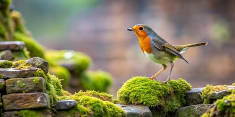 A Vibrant Little Bird Perched on Mossy Stones in a Natural Setting