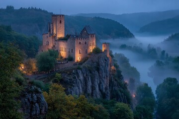 Majestic Mythical Castle on a Cliff Surrounded by Dreamy Fog