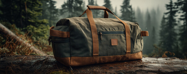 Eco-friendly hiking gear bag, durable canvas backpack resting on mossy forest trail, waterproof sustainable outdoor gear for low-impact exploration in rustic wilderness terrain
