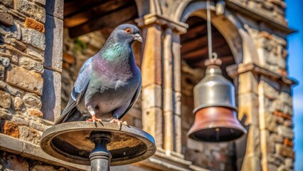 A rock dove perched atop an ornate metal fixture, against a backdrop of aged stonework and hanging bells
