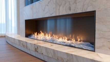 A modern fireplace with a long horizontal opening and flames burning inside a living room setting