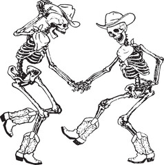 Dancing Skeletons in Cowboy Hats vector illustration 