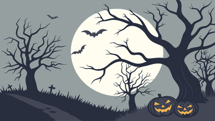 Spooky halloween scene featuring bats flying in front of a full moon with pumpkins and trees in the dark