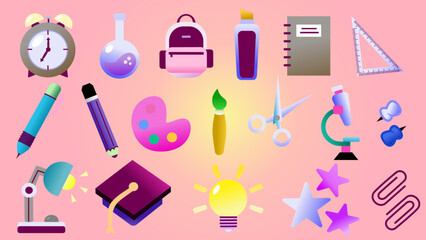 Illustration depicting various education-related items including stationery, tools, and symbols within a vibrant and engaging design highlighting learning and creativity, suitable for back to school.