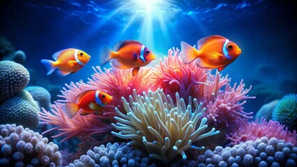 Obraz premium Vibrant Reef Scene Featuring a School of Orange and White Fish Swimming Amongst Lush Coral and Anemone
