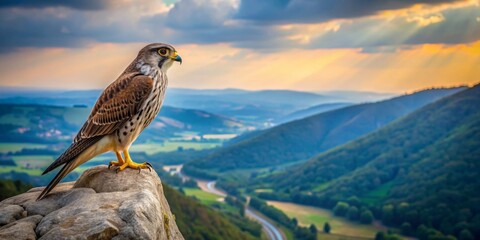 A majestic falcon perched on a rocky outcrop, surveys a sprawling valley landscape bathed in the golden light of a setting sun.