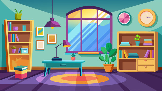 Cozy cartoon living room with bookshelves desk lamp and large window