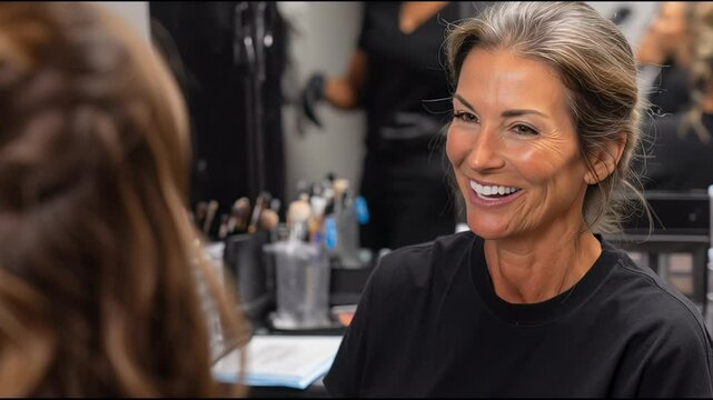 Professional beautician wearing black t shirt, smiling and communicating with client inside modern beauty salon, displaying warm customer service