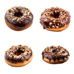 Set of isolates without background featuring chocolate donuts with nuts.