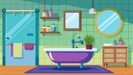 Modern bathroom interior with purple bathtub and green tiled walls
