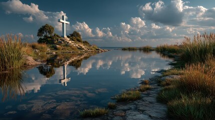 Cross reflecting in calm waters at sunset near a lush riverside landscape