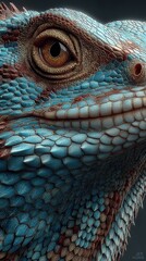 Fototapeta premium Close-up view of a vivid blue and brown lizard revealing intricate scale patterns and expressive eye