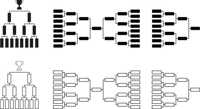 Gaming tournament bracket flat, line icon set. Soccer championship scheme vectors. Match schedule playoff tournament board chart for sport, competition, event planning visual. Sign for app, web design