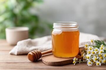 Honey jar on a wooden board with flowers and a spoon, set against a natural background