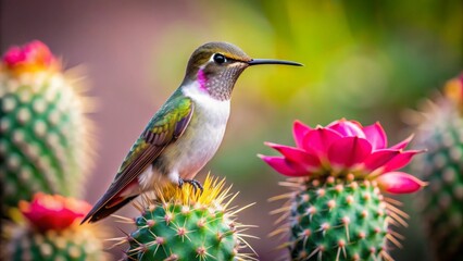 A Vibrant Hummingbird Perched on a Prickly Pear Cactus, Amidst Blossoming Pink Flowers and Lush Green Foliage