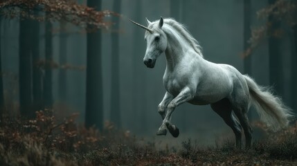 Obraz premium Majestic unicorn gallops through misty forest during early morning light