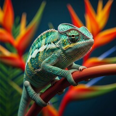 Obraz premium Close-up of a chameleon on a branch changing color to blend with vibrant background, concept of adaptability, macro detail.