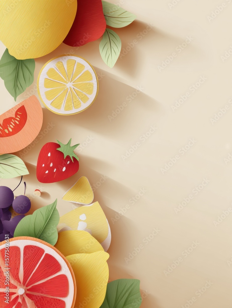 Aufkleber creative layout featuring colorful paper-cut fruits and their shadows arranged on a light background