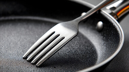 Fork scratching the non stick coating on a frying pan
