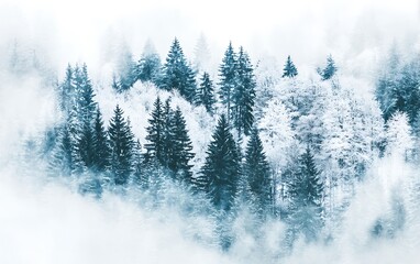 Winter forest landscape shrouded in fog