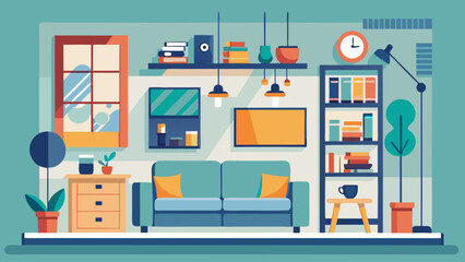 Fototapeta premium Cozy modern living room interior with sofa bookshelf and window