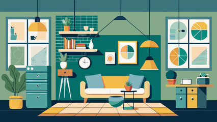 Modern living room interior design with yellow sofa and abstract art