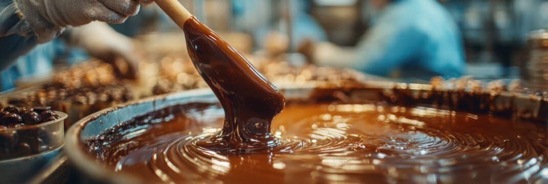 Chocolate preparation process in a busy kitchen showing a close-up of rich, melting dark chocolate being stirred - Powered by Adobe