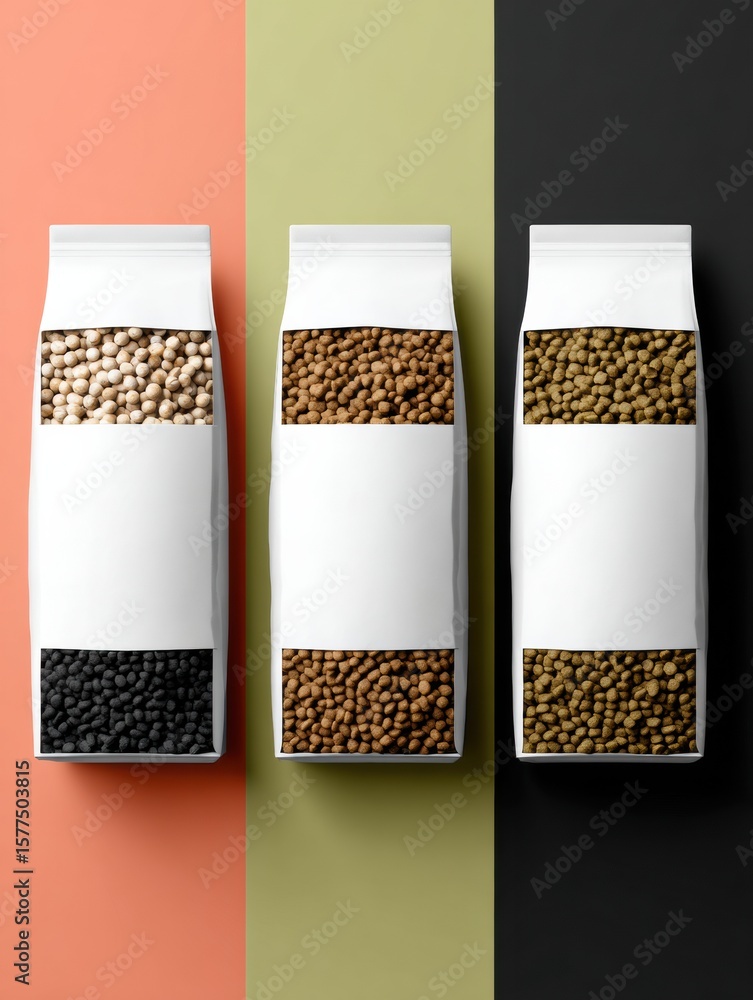 Poster clean composition of pet nutrition labels with an empty branding zone showcasing various kibble type