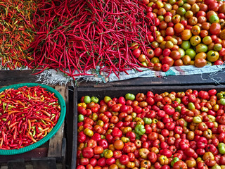 red chilies and tomatoes are on the table and in the basket