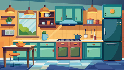 Cozy cartoon kitchen scene with green cabinets and a sunny window