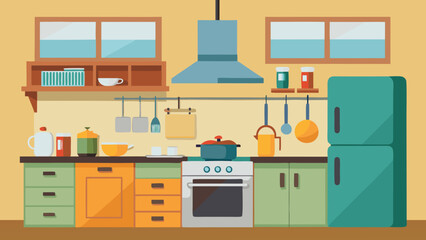 Colorful flat illustration of a modern kitchen interior with appliances and cookware