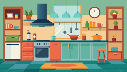 Modern flat design kitchen interior with cabinets stove and shelves