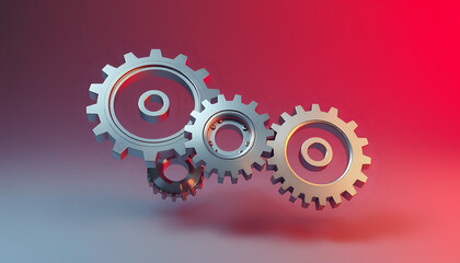 Abstract metallic gears floating against a gradient background, symbolizing innovation and mechanics.