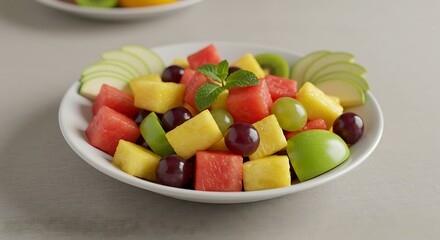 A colorful bowl of fresh fruit salad with various cut pieces and mint.