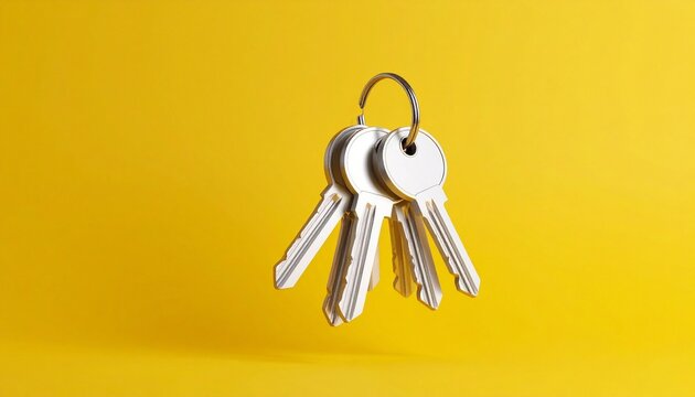 A close-up of four silver house keys attached to a metal keyring, placed on a vibrant yellow background, highlighting everyday utility with a modern, minimalist aesthetic.
