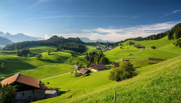 hilly landscape with farm houses green meadows and pastures in the toggenburg valley nesslau canton st gallen switzerland