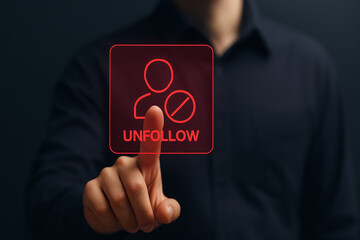 Pressing Unfollow Button Concept with Finger Touching Red Icon for Social Media Privacy Digital Technology Interface Background