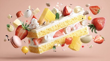 Delicate dessert slice with flying toppings